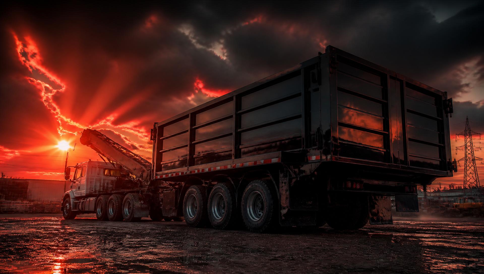 Run It Hauling crane truck and dump trailer at dusk